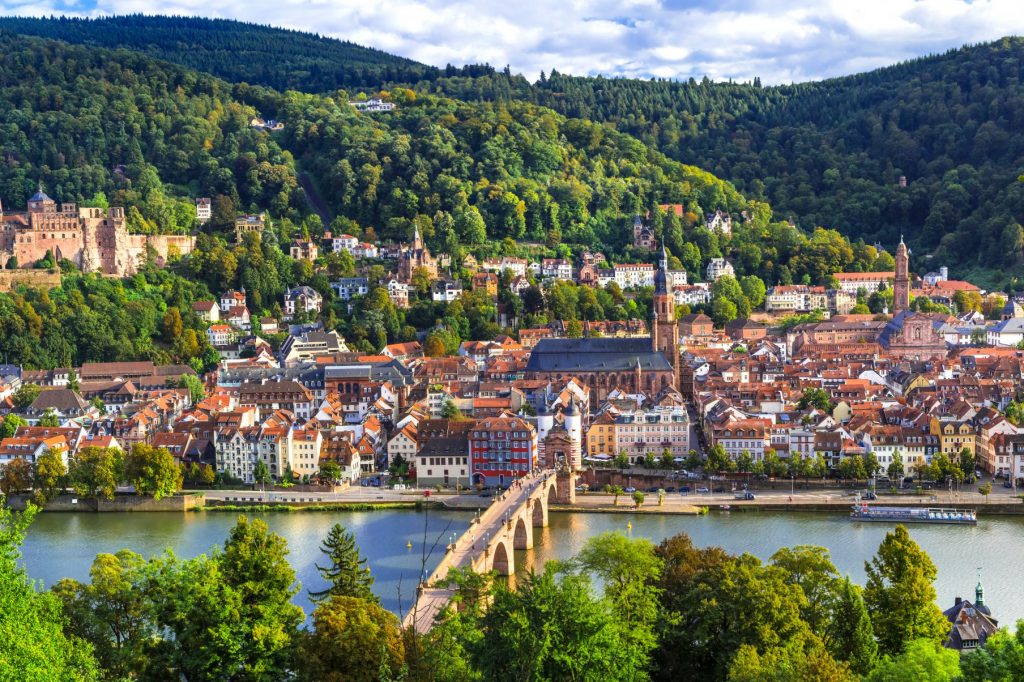 Heidelberg one of the most beautiful cities in Germany over Neckar river. Townscape with Karl Theodor bridge and castle